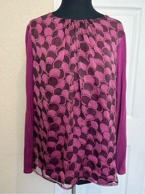 Boden | Purple Layered Graphic Print Long Sleeve Blouse Top, Size 12